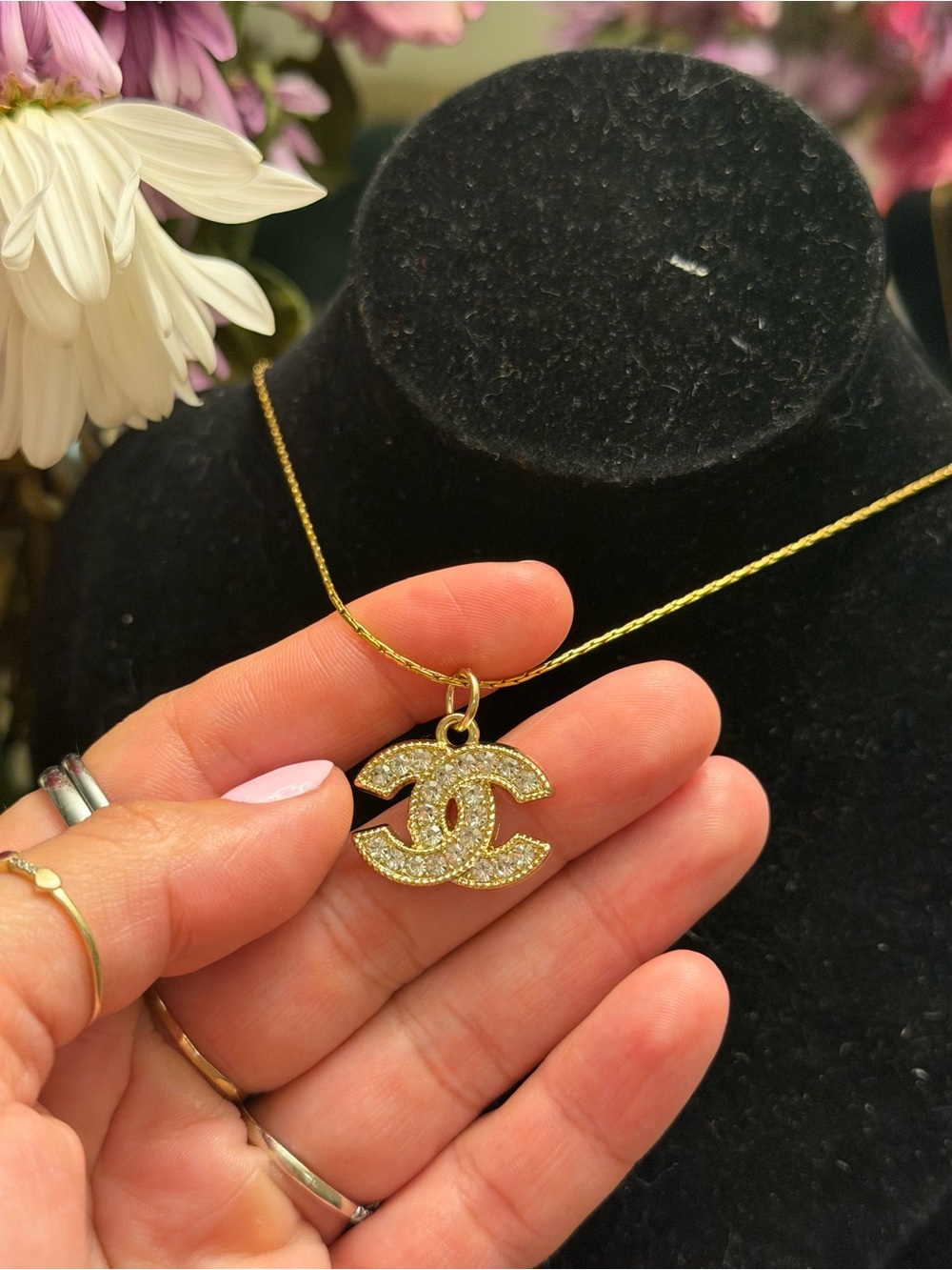 CC diamond charm stainless steel necklace